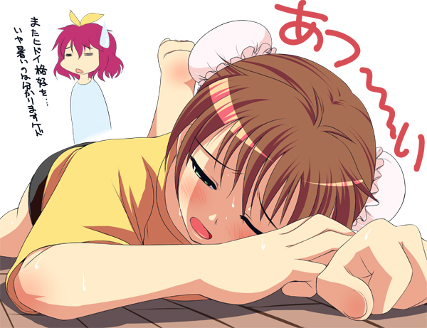 2girls, barefoot, black_shorts, blush, brown_hair, bun_cover, chibi, closed_eyes, digdug006, double_bun, green_eyes, hair_ornament, hairband, kanamori_reiko, leg_up, lying, minagawa_harumi, multiple_girls, on_stomach, one_eye_closed, open_mouth, pink_hair, shirt, short_hair, shorts, sweat, tired, translation_request, white_background, wooden_floor, wrestle_angels, wrestle_angels_survivor, yellow_hairband, yellow_shirt
