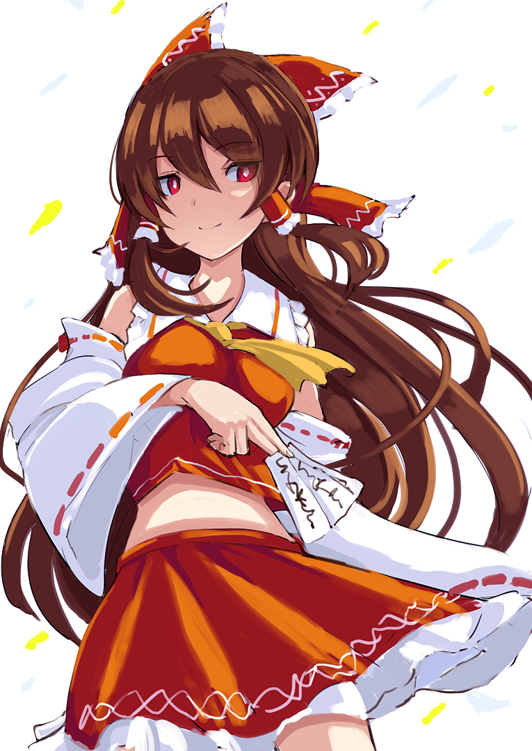 1girl, ascot, bangs, between_fingers, bow, breasts, brown_hair, commentary_request