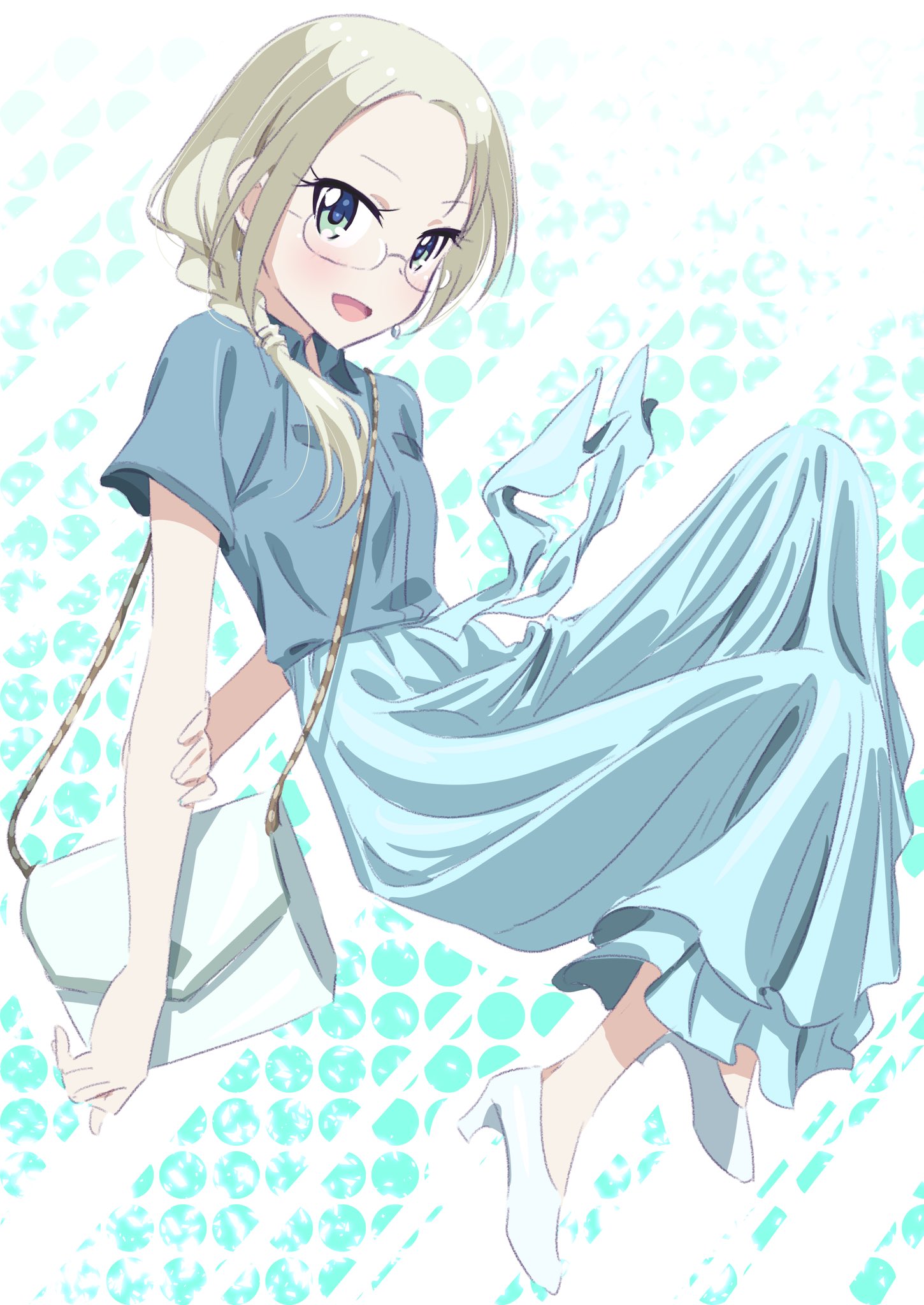 1girl, :d, arms_behind_back, bag, blonde_hair, blue_background, blue_eyes, blue_shirt