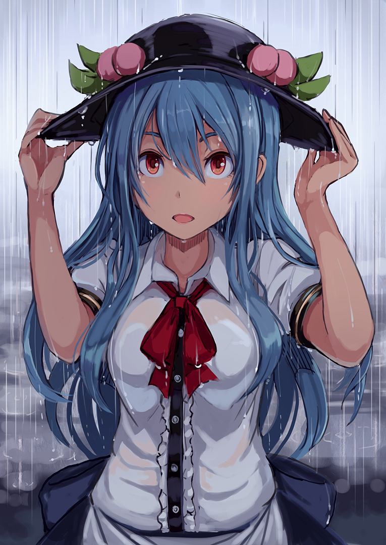 1girl, bangs, black_hat, black_skirt, blouse, blue_hair, breasts, center_frills