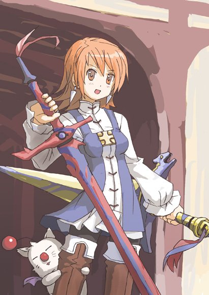 dual_wielding, earrings, final_fantasy, final_fantasy_iii, jewelry, moogle, orange_eyes, orange_hair, pantyhose, refia, rudorufu, sword, thigh_boots, thighhighs, weapon
