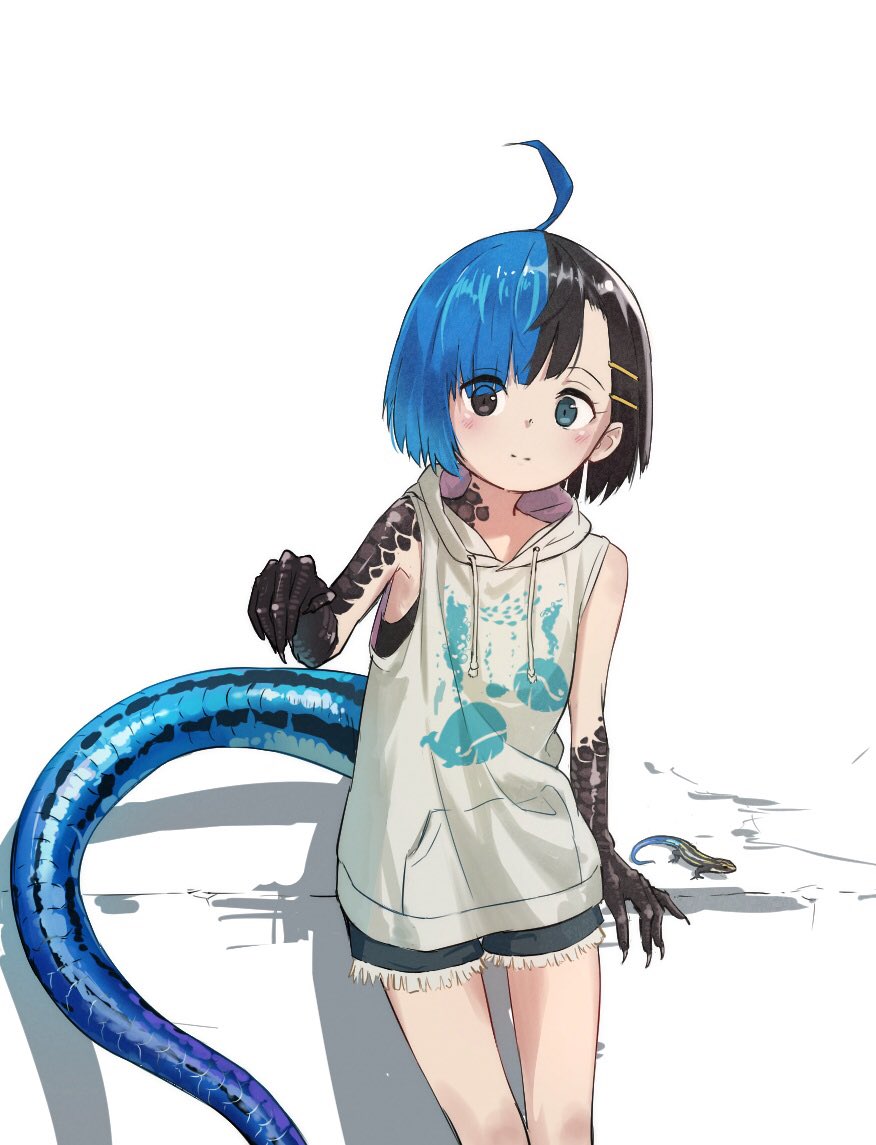 1girl, ahoge, bare_arms, bare_shoulders, black_eyes, black_hair, blue_eyes, blue_hair