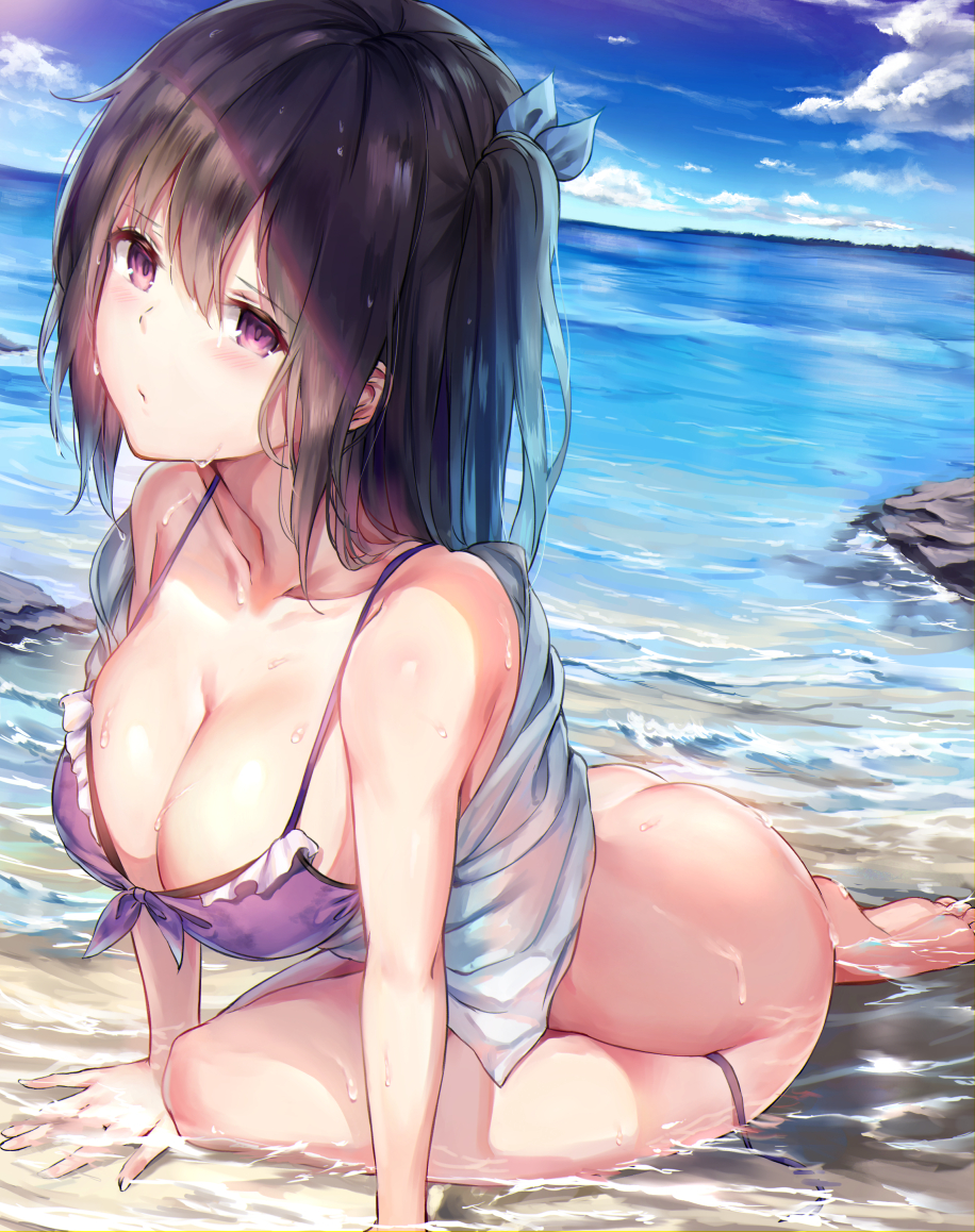 1girl, arm_support, ass, bangs, bikini, black_hair, blue_sky, blush
