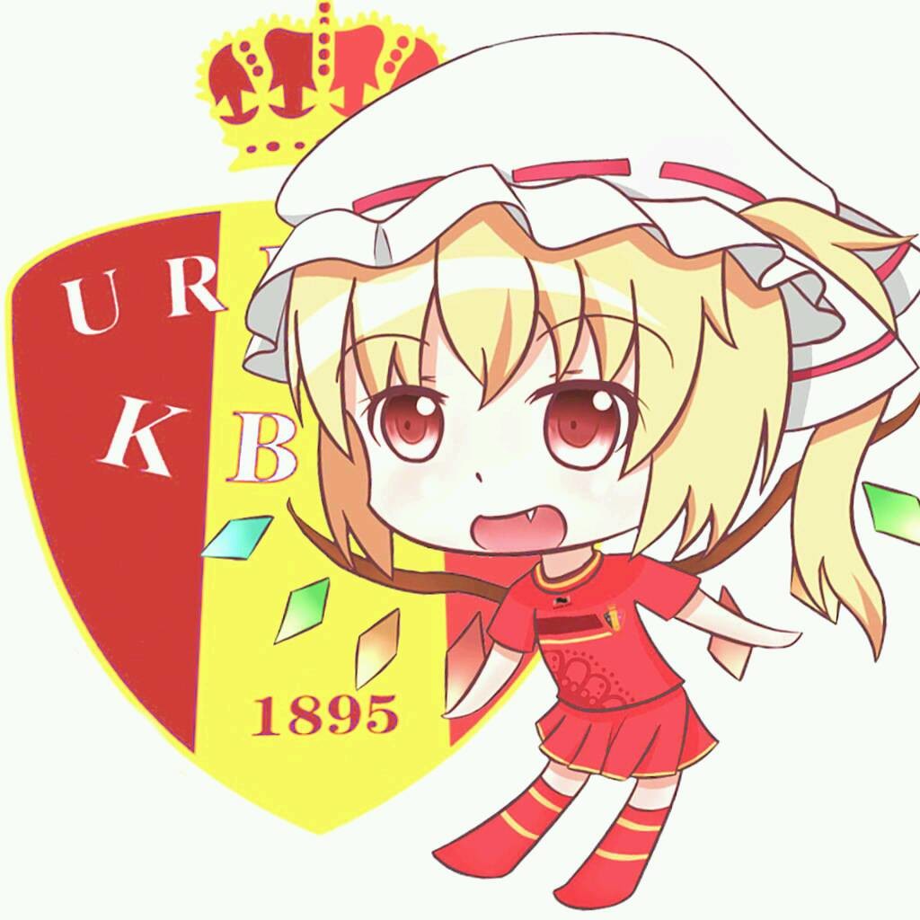 1girl, ascot, bangs, bat_wings, belgium, blonde_hair, blush, chibi, crown, crystal, emblem, eyebrows_visible_through_hair, fang, flandre_scarlet, full_body, hat, hat_ribbon, jersey, medium_hair, mob_cap, open_mouth, red_eyes, red_legwear, red_skirt, ribbon, roll_daikufu, side_ponytail, skirt, smile, soccer, soccer_uniform, solo, sportswear, standing, touhou, wings, world_cup