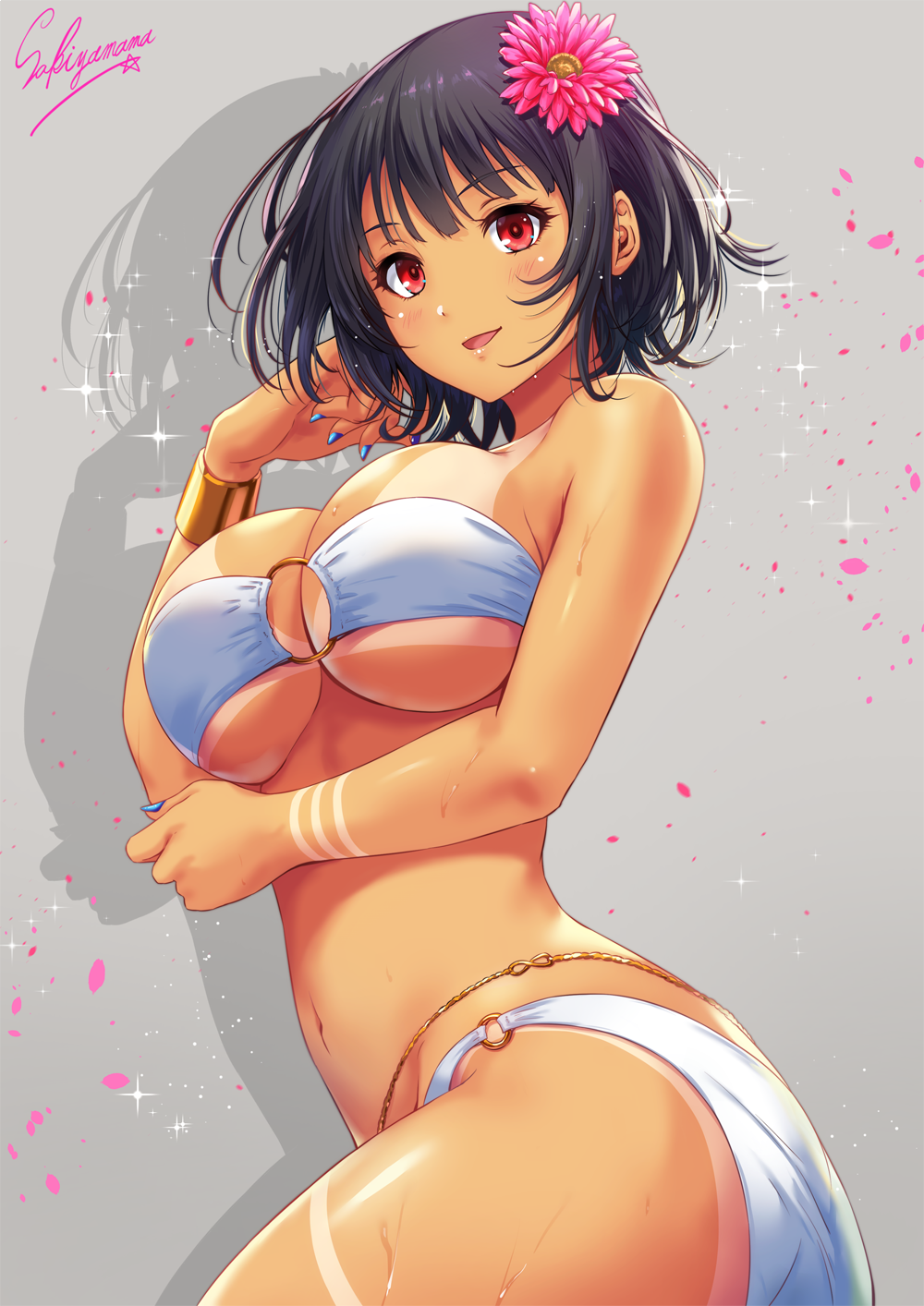 1girl, alternate_costume, artist_name, ass, bangs, belly_chain, bikini, black_hair