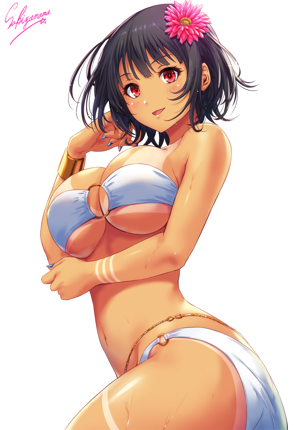 1girl, alternate_costume, artist_name, ass, bangs, belly_chain, bikini, black_hair, blue_nails, blush, bracelet, breasts, flower, from_side, front-tie_bikini, front-tie_top, hair_flower, hair_ornament, hand_to_own_cheek, highres, jewelry, kantai_collection, large_breasts, looking_at_viewer, messy_hair, nail_polish, navel, o-ring, o-ring_bikini, open_mouth, red_eyes, sakiyamama, short_hair, simple_background, solo, sparkle, swimsuit, takao_(kantai_collection), tan, tanline, twisted_torso, upper_body, white_background, white_bikini