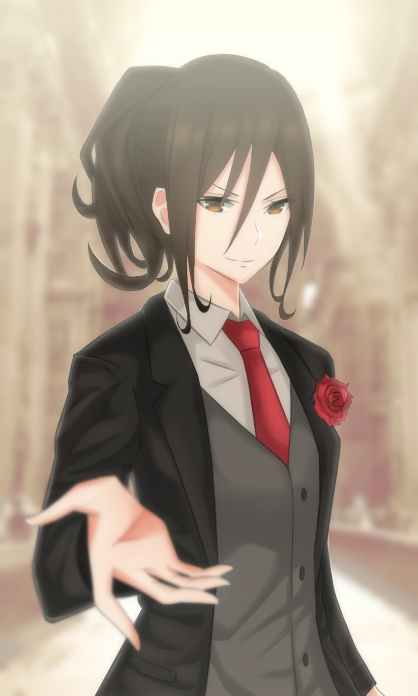 1girl, black_hair, blush, formal, gloves, highres, long_hair, looking_at_viewer