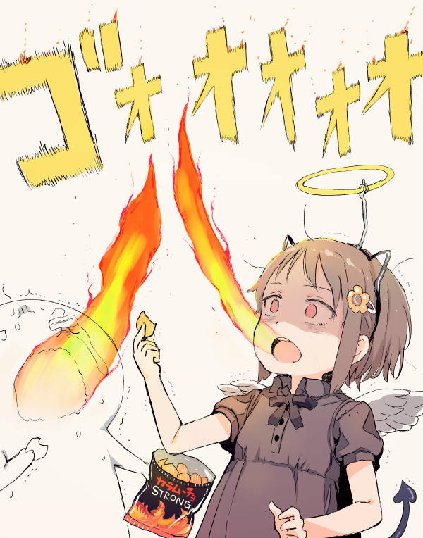 1girl, ano_ko_wa_toshi_densetsu, bag_of_chips, bangs, black_bow, black_dress, bow, breathing_fire, brown_hair, chips, collared_dress, demon_tail, dress, eyebrows_visible_through_hair, fake_halo, fake_horns, feathered_wings, fire, food, gomennasai, hair_ornament, hairclip, hand_up, holding, holding_food, mini_wings, puffy_short_sleeves, puffy_sleeves, red_eyes, short_sleeves, tail, translated, trembling, white_wings, wings, zangyaku-san