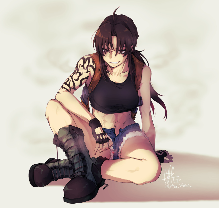 1girl, abs, absurdres, ahoge, arm_support, arm_tattoo, beretta_92, black_lagoon