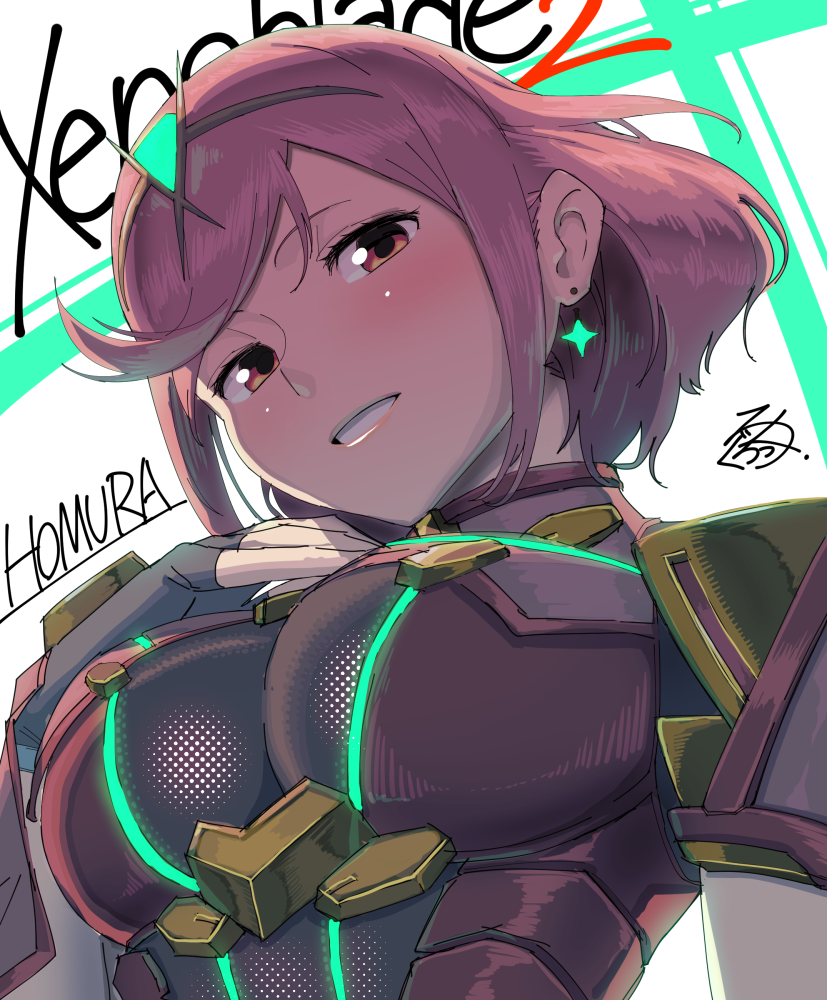 1girl, armor, blush, breasts, character_name, fingerless_gloves, gloves, half-closed_eyes