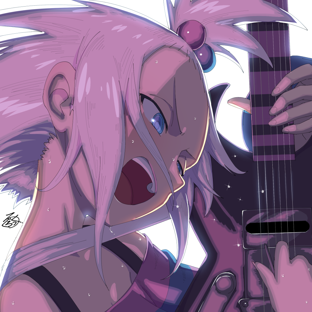1girl, bangs_pinned_back, beads, blue_eyes, creatures_(company), electric_guitar, game_freak, guitar, hair_beads, hair_ornament, half-closed_eyes, homika_(pokemon), instrument, nintendo, open_mouth, pokemon, pokemon_(game), pokemon_bw2, rog_rockbe, shirt, signature, smile, striped, striped_shirt, sweat, teeth, upper_body, white_hair