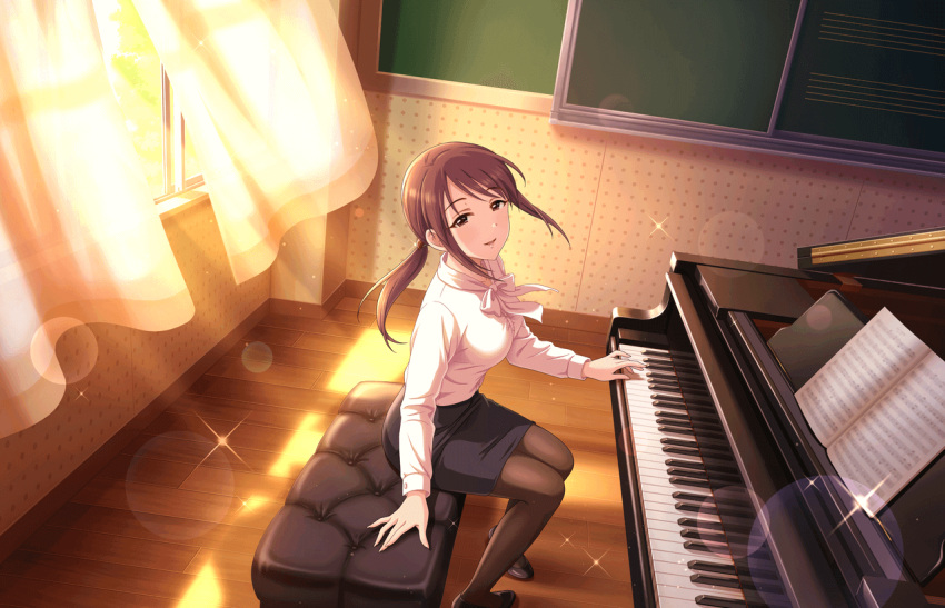 1girl, artist_request, bangs, black_legwear, breasts, brown_eyes, brown_hair, cinderella_girls_gekijou