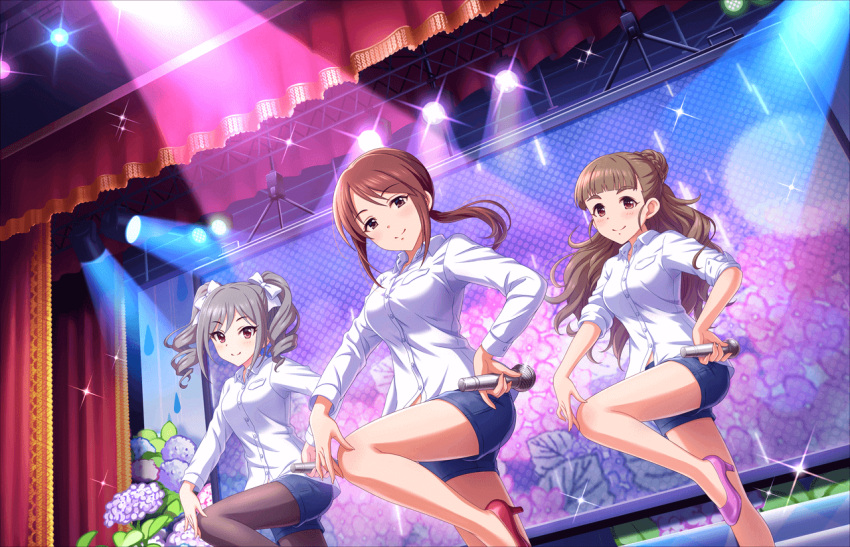 3girls, artist_request, bangs, blunt_bangs, blush, breasts, brown_eyes, brown_hair