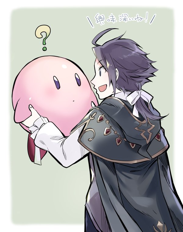 1boy, 1other, blush, brown_hair, cape, crossover, cyrus_(octopath_traveler), gloves, hoshi_no_kirby, jewelry, kirby, kirby_(series), long_hair, oboro_keisuke, octopath_traveler, open_mouth, ponytail, simple_background, smile, translated