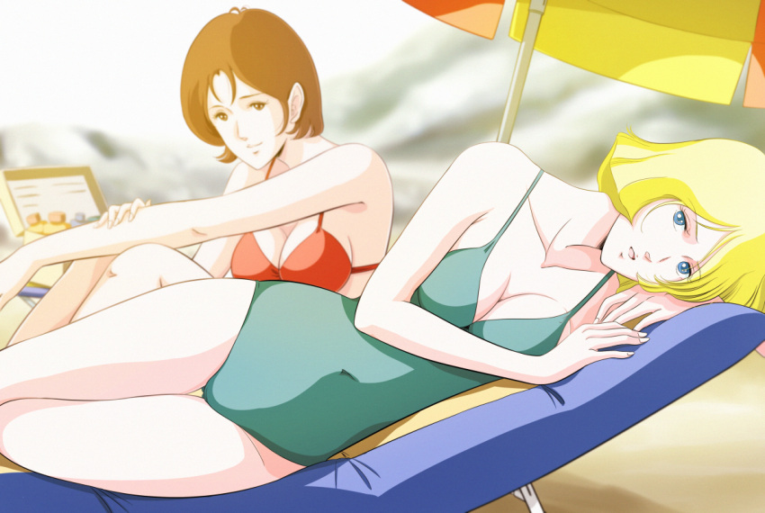 2girls, applying_sunscreen, aqua_swimsuit, beach, beach_umbrella, bikini, blonde_hair, blue_eyes, breasts, brown_eyes, brown_hair, cleavage, closed_mouth, collarbone, covered_navel, gundam, large_breasts, looking_at_viewer, lotion, lying, medium_breasts, mirai_yashima, mobile_suit_gundam, multiple_girls, oldschool, on_side, one-piece_swimsuit, open_mouth, red_bikini, sayla_mass, short_hair, sitting, smile, sunscreen, swimsuit, umbrella, waeba_yuusee