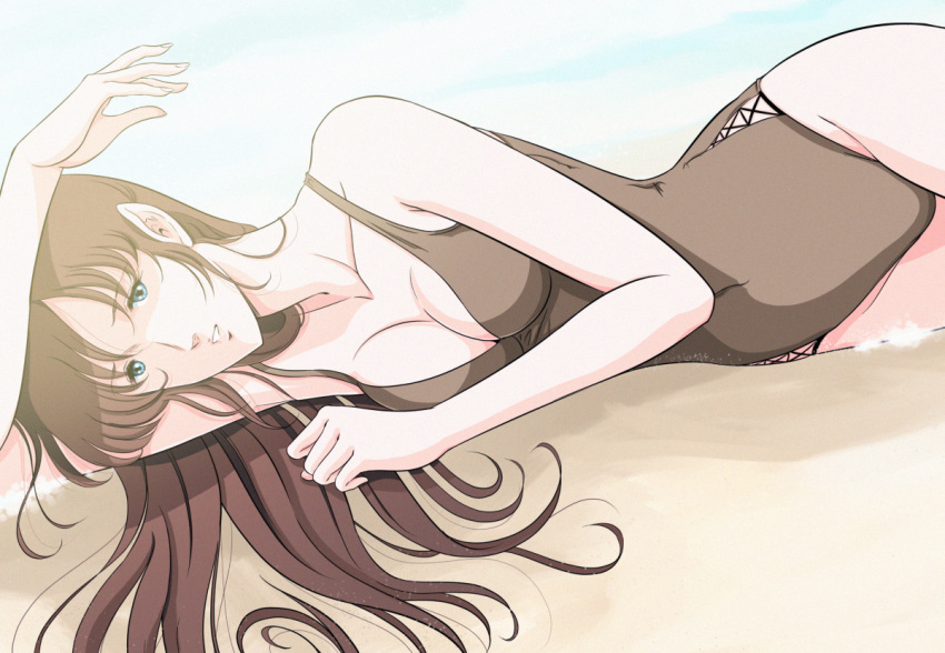 1girl, bangs, beach, blue_eyes, breasts, brown_hair, brown_swimsuit, choujikuu_yousai_macross