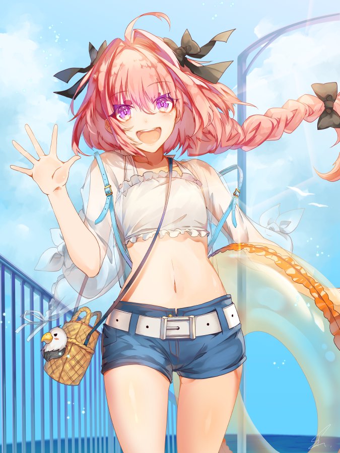 1boy, :d, ahoge, alternate_costume, astolfo_(fate), backpack, bag, black_bow
