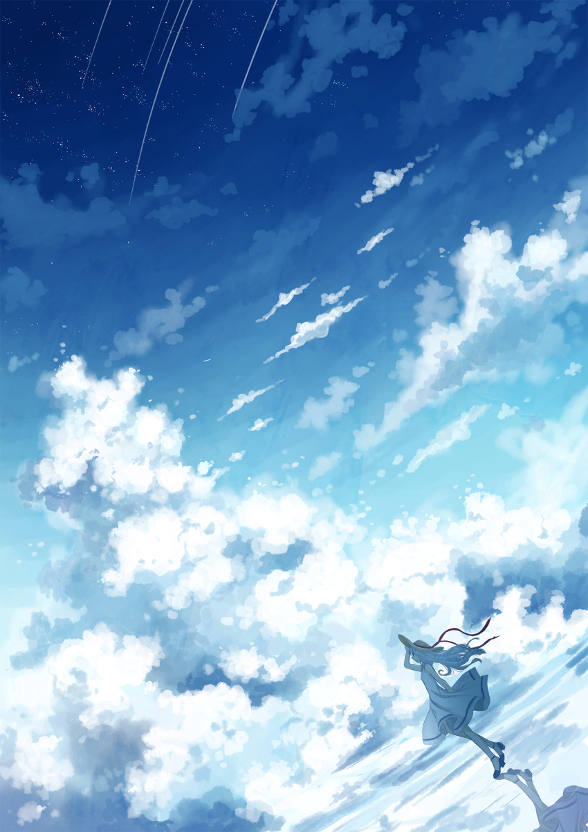 1girl, arm_behind_back, bare_shoulders, black_footwear, blue_hair, blue_sky, clouds, cloudy_sky