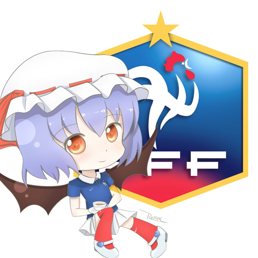 1girl, bangs, bat_wings, bow, chibi, closed_mouth, cup, emblem