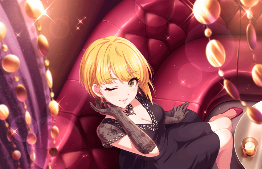 1girl, artist_request, bangs, black_dress, blonde_hair, breasts, cleavage, collarbone