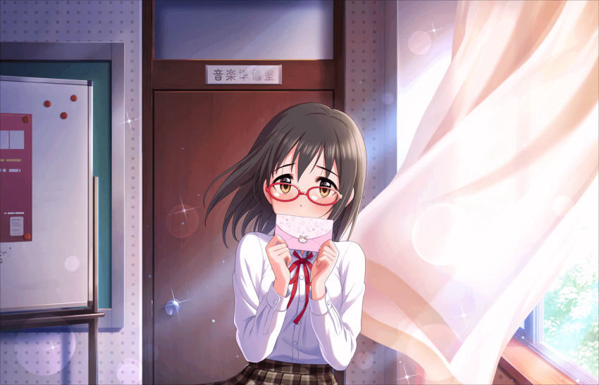 1girl, artist_request, bangs, black_hair, blush, brown_eyes, cinderella_girls_gekijou, classroom