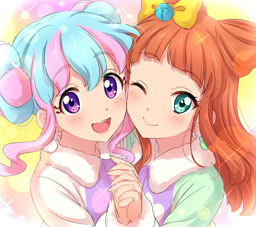 2girls, :d, aikatsu!_(series), aikatsu_stars!, bangs, bell, blue_eyes, blue_hair
