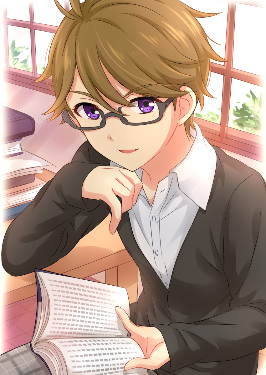 1boy, absurdres, aikatsu!_(series), aikatsu_stars!, book, book_stack, brown_hair, collared_shirt