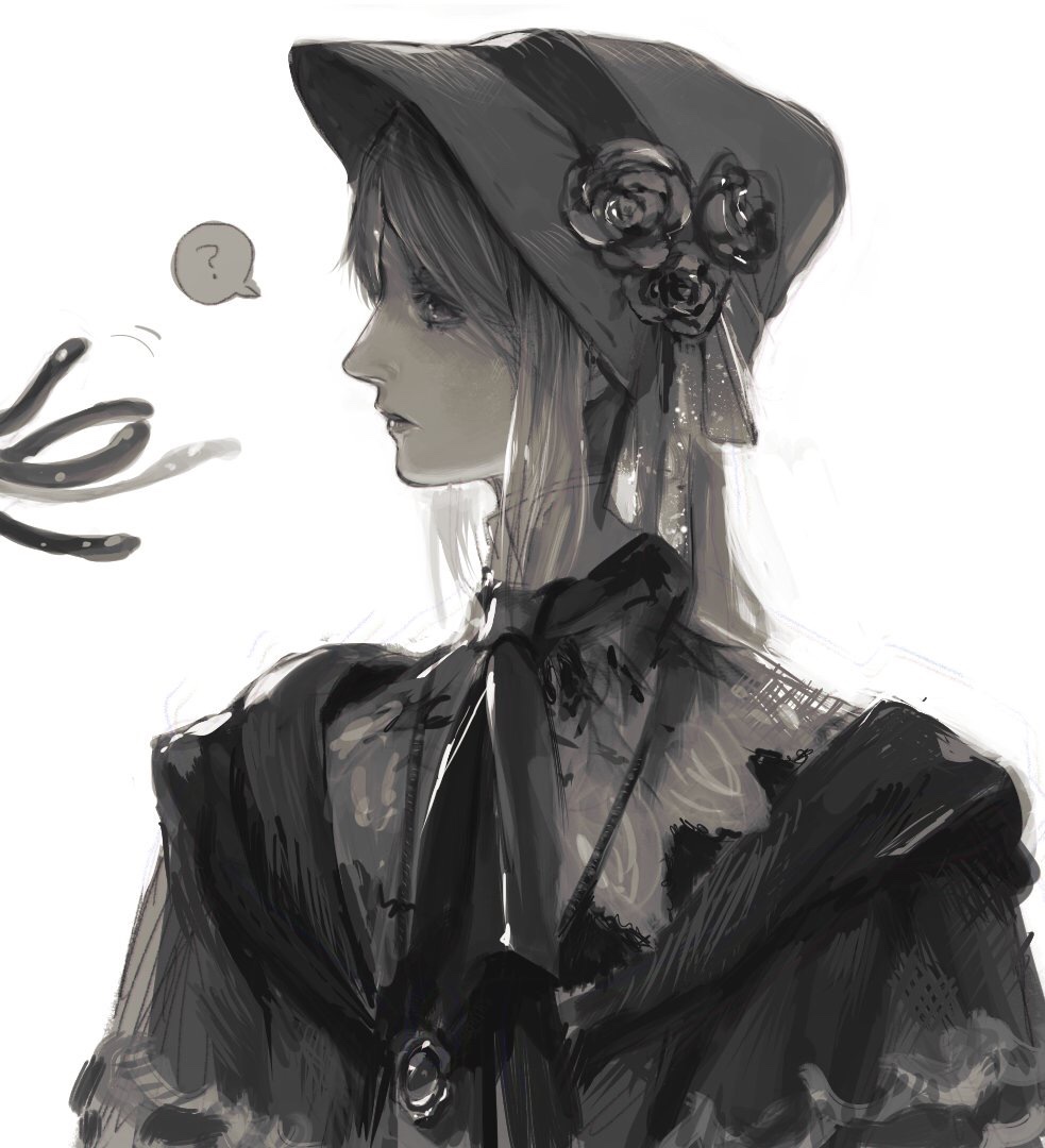 1girl, ?, ascot, bangs, bloodborne, bonnet, cloak, flower, gothic, hat, issa_(zgjj7328), jewelry, monochrome, pendant, plain_doll, profile, rose, silver_hair, solo_focus, spoken_question_mark, swept_bangs, tentacle, white_hair