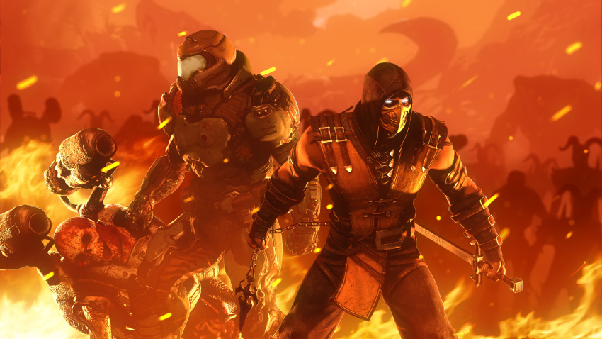 2boys, 3d, armor, baron_of_hell, cacodemon, chains, crossover, dark_skin