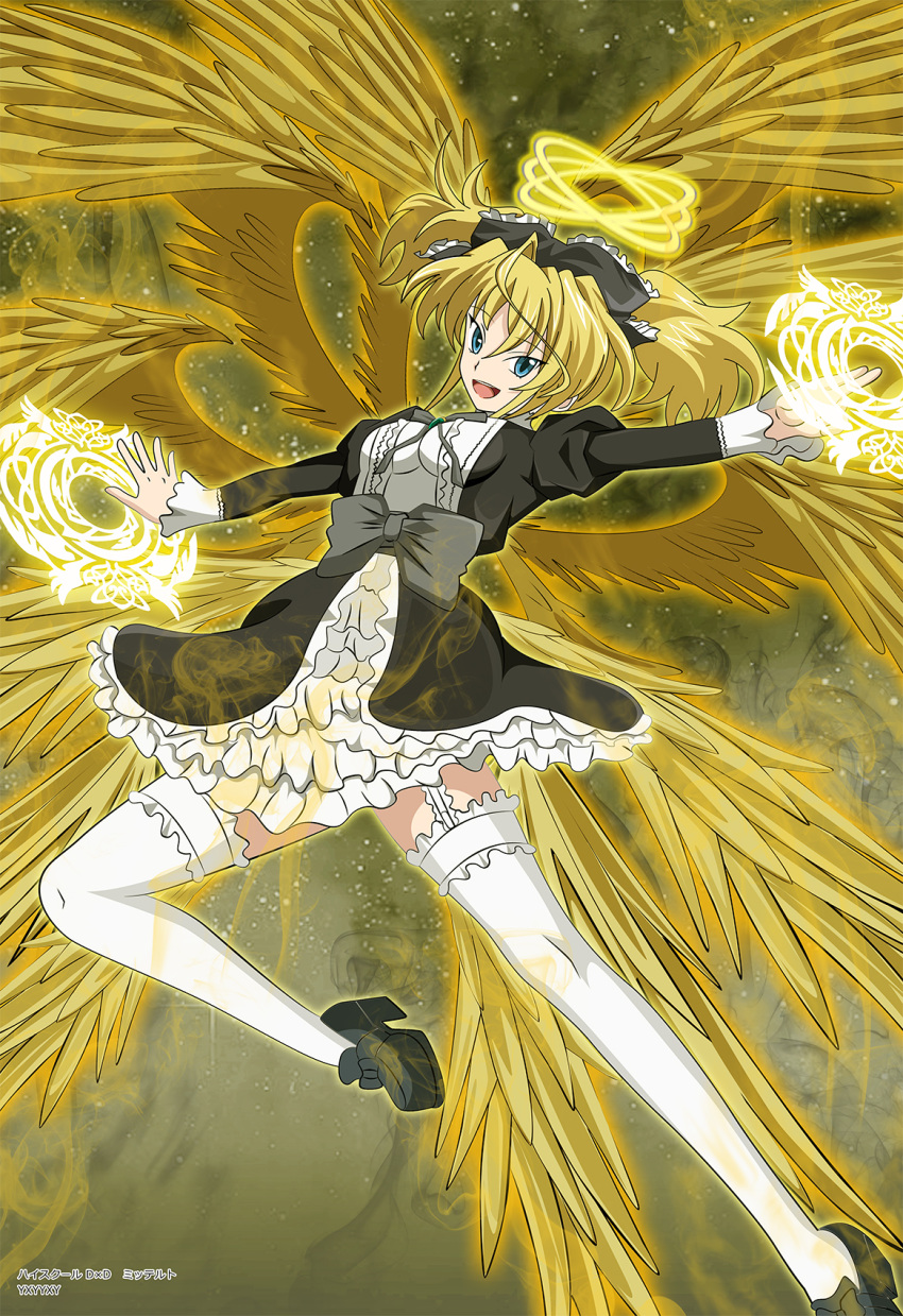 1girl, angel_wings, bird_wings, blonde_hair, blue_eyes, bow, breasts, fang