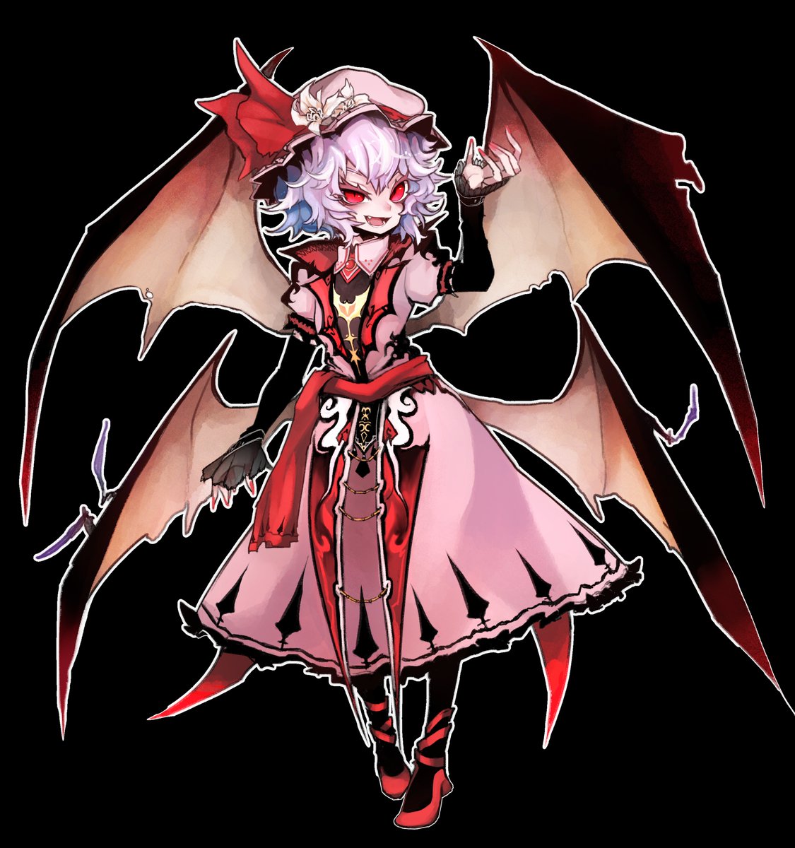 >:d, 1girl, alternate_costume, bat_wings, black_background, black_legwear, black_shirt, black_wings