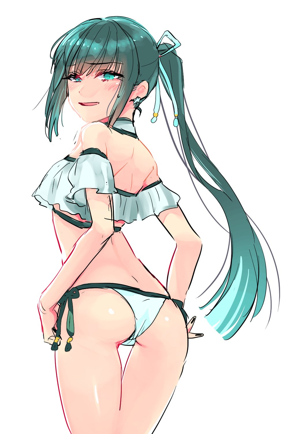 1girl, bikini, earrings, fate/grand_order, fate_(series), green_eyes, green_hair, hair_ribbon