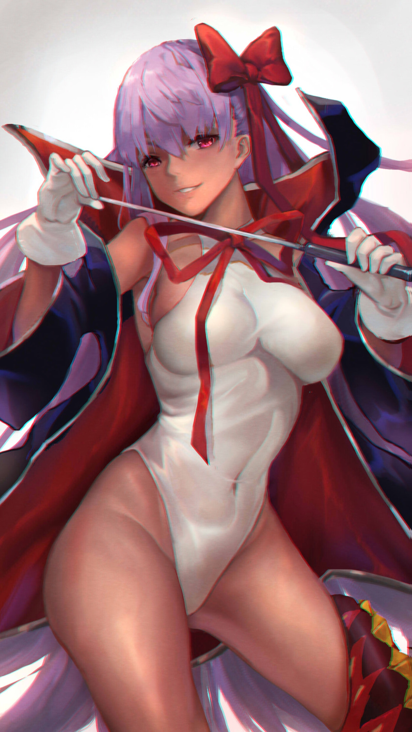 1girl, absurdres, ass_visible_through_thighs, bb_(fate)_(all), bb_(swimsuit_mooncancer)_(fate), bow, cape, chromatic_aberration