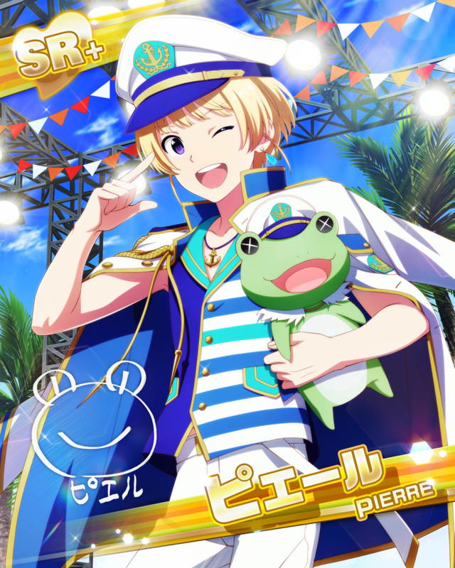 blonde_hair, blue-eyes, cap, character_ame, frog, idolmaster, idolmaster_side-m, pierre_(idolmaster)