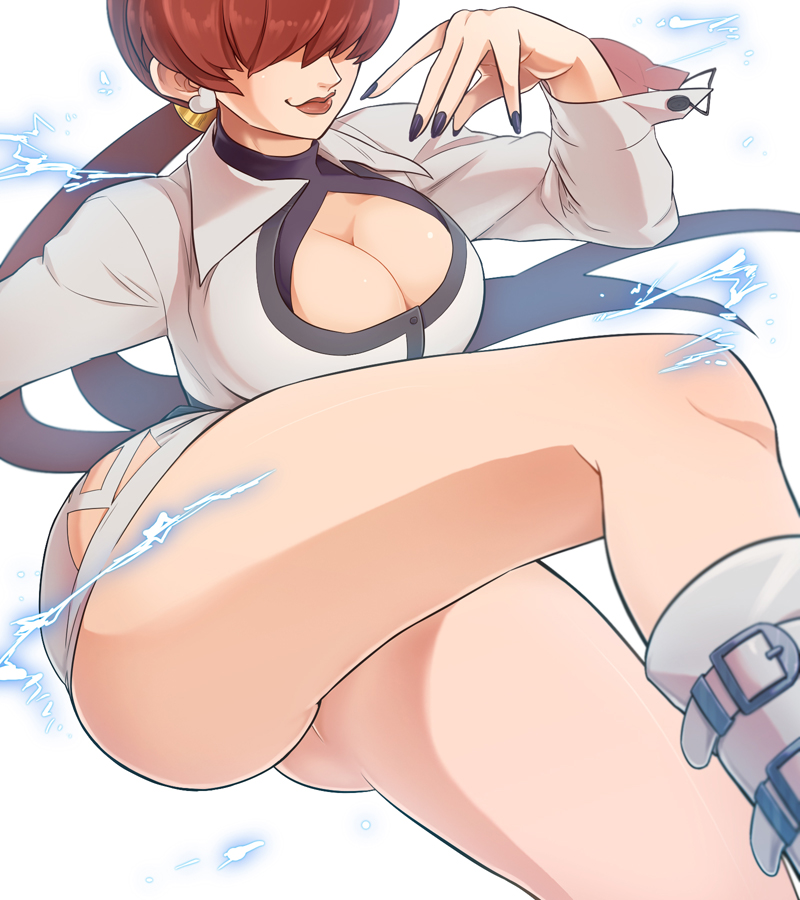 1girl, abiko_yuuji, black_nails, breasts, brown_hair, brown_lipstick, cleavage_cutout, closed_mouth