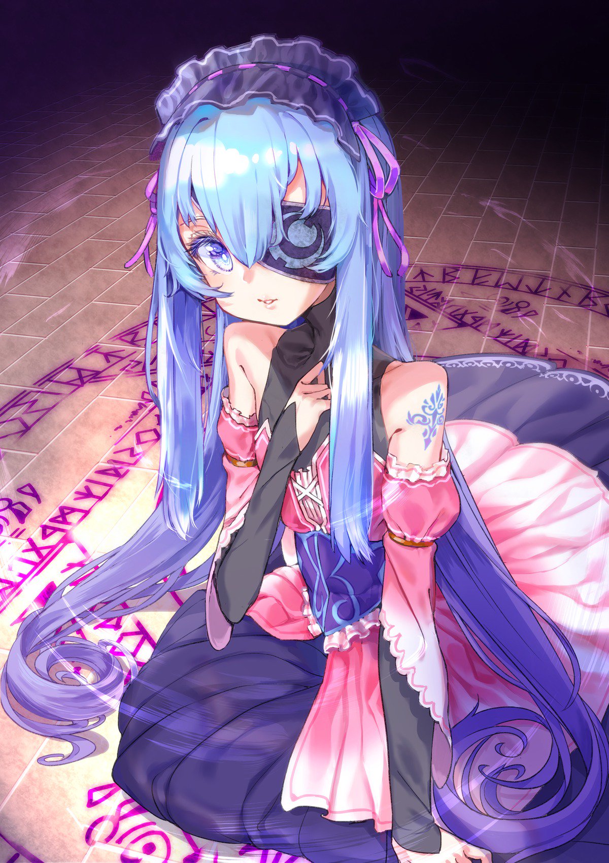 1girl, bangs, bare_shoulders, blue_eyes, blue_hair, bright_pupils, commentary_request, detached_sleeves, dress, eyepatch, gradient_hair, hair_between_eyes, hair_ribbon, hairband, hand_on_own_chest, hand_up, highres, kawasumi_(tk2k_jade), long_hair, long_sleeves, looking_at_viewer, multicolored, multicolored_eyes, multicolored_hair, one_eye_covered, parted_lips, purple_dress, purple_hair, purple_ribbon, ribbon, shoulder_tattoo, sitting, solo, tattoo, very_long_hair, violet_eyes, viprpg