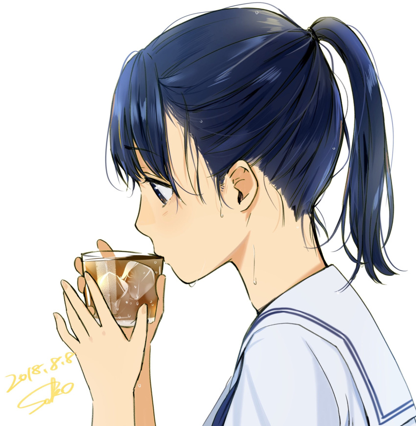1girl, bangs, black_eyes, blue_hair, class, commentary_request, cup, dated