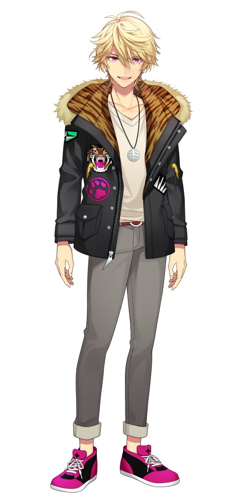 1boy, black_jacket, blonde_hair, commentary_request, full_body, grey_pants, jacket, jewelry, long_sleeves, looking_at_viewer, male_focus, natsuko_(bluecandy), necklace, open_clothes, open_jacket, open_mouth, original, pants, pink_eyes, pink_footwear, shirt, shoes, simple_background, smile, sneakers, solo, standing, white_background, white_shirt