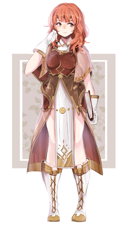 1girl, book, boots, breastplate, celica_(fire_emblem), closed_mouth, cosplay, fire_emblem