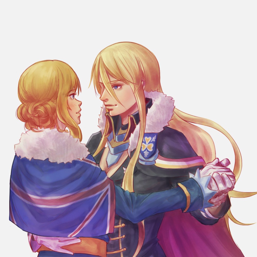 2girls, azur_lane, bismarck_(azur_lane), blonde_hair, blue_eyes, cape, dancing, earrings