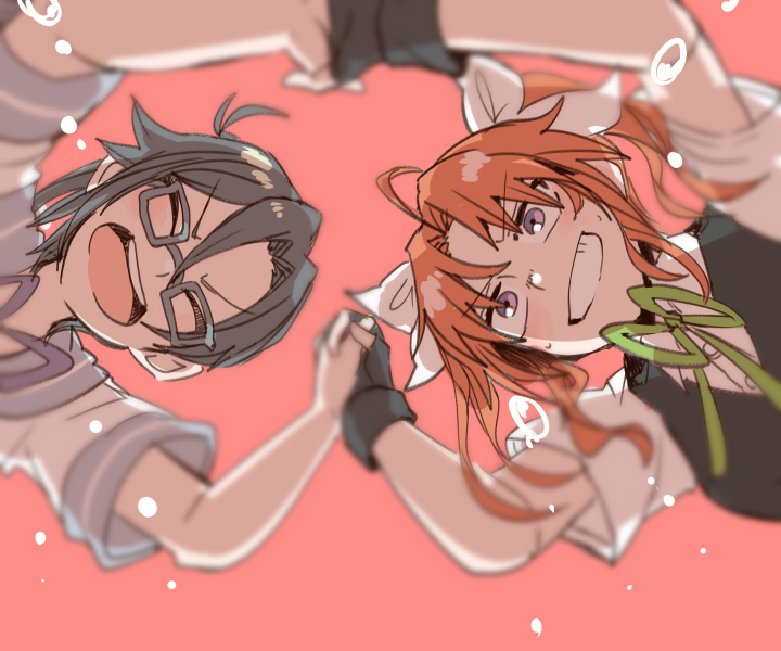 2girls, amagiri_(kantai_collection), glasses, green_ribbon, grey_hair, hair_between_eyes, hair_ribbon, itomugi-kun