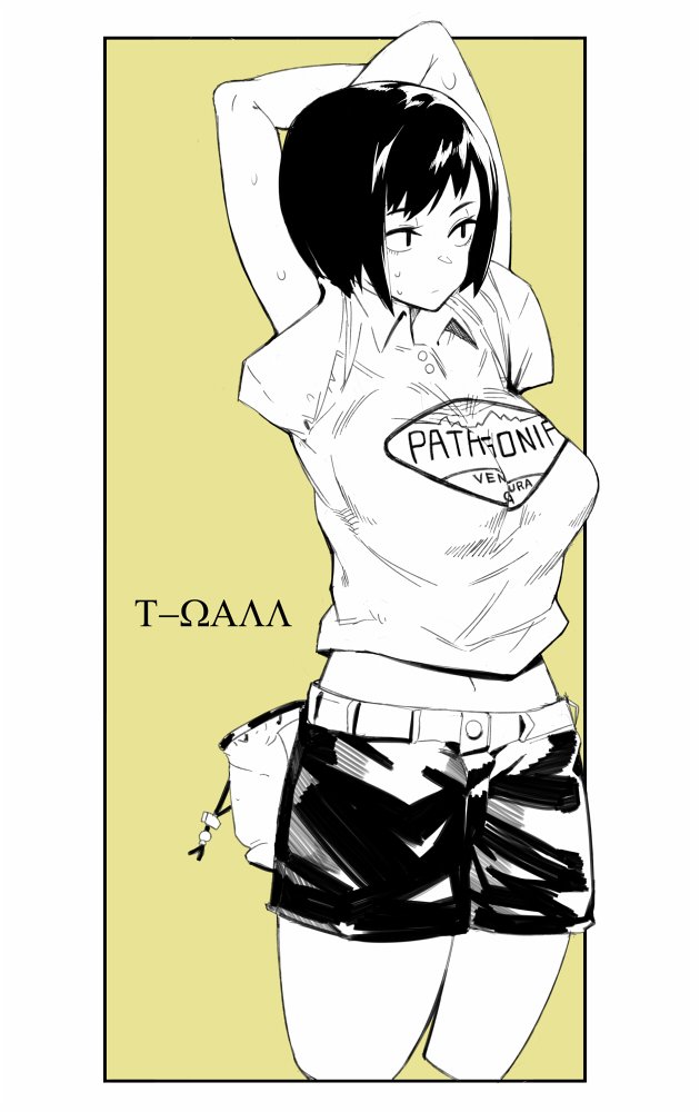 1girl, belt, breasts, closed_mouth, clothes_writing, commentary_request, greyscale, hands_up
