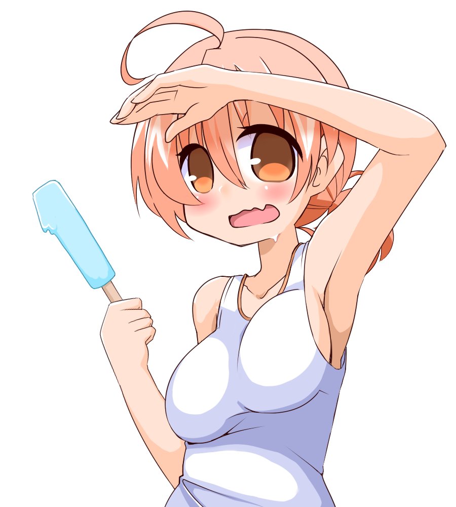 1girl, ahoge, arm_up, armpits, bangs, bare_arms, bare_shoulders, blush