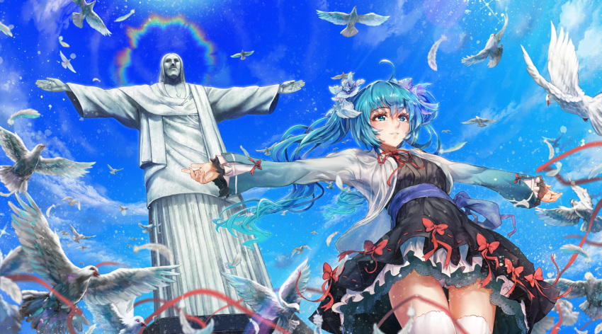 1girl, ahoge, aqua_eyes, aqua_hair, bangs, bird, black_dress, christ_the_redeemer, dress, eyebrows_visible_through_hair, feathers, floating_hair, flower, glycyrrhizae, hair_flower, hair_ornament, hatsune_miku, highres, long_hair, outdoors, outstretched_arms, panties, pantyshot, sky, solo, spread_arms, statue, thigh-highs, twintails, underwear, vocaloid, white_legwear, white_panties