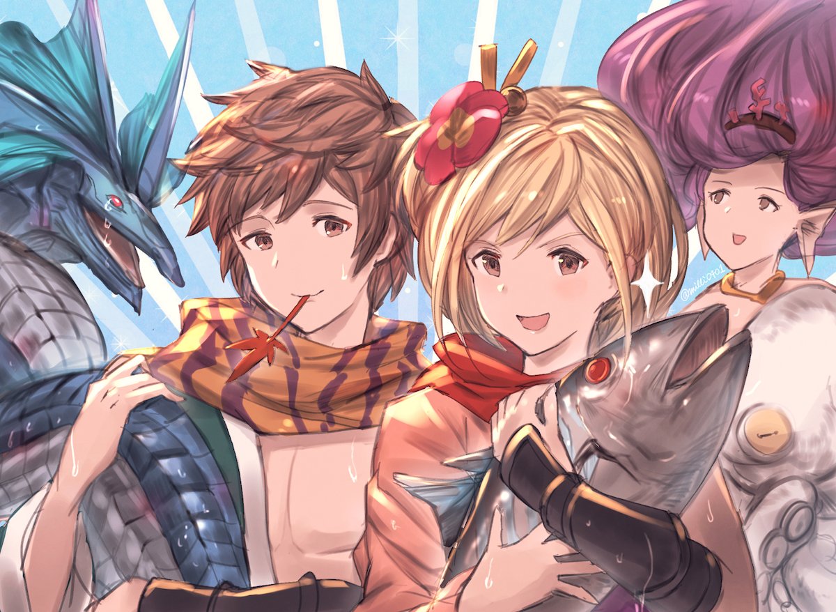 1boy, 1girl, blonde_hair, bonito, brown_eyes, brown_hair, crying, djeeta_(granblue_fantasy)