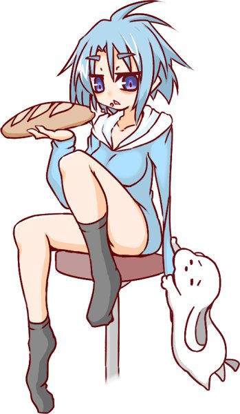 1girl, :<, amputee, animal, asymmetrical_legwear, bangs, black_legwear, blue_hair