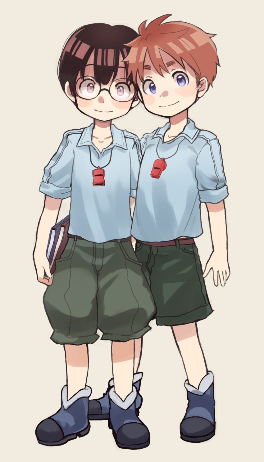 2boys, absurdres, ankle_boots, bangs, belt, blue_footwear, blue_shirt, boots