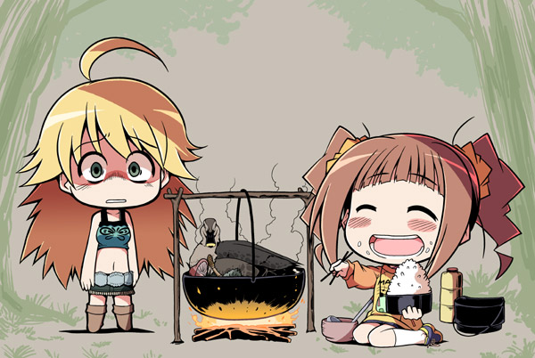 bad_id, blonde_hair, blush, brown_hair, campfire, celebi_ryousangata, chibi, chopsticks