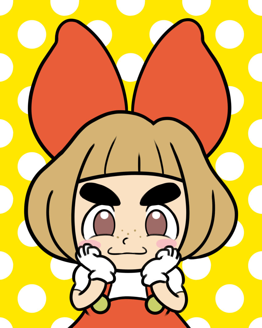 1girl, brown_eyes, brown_hair, child, commentary_request, eyebrows, freckles, gloves