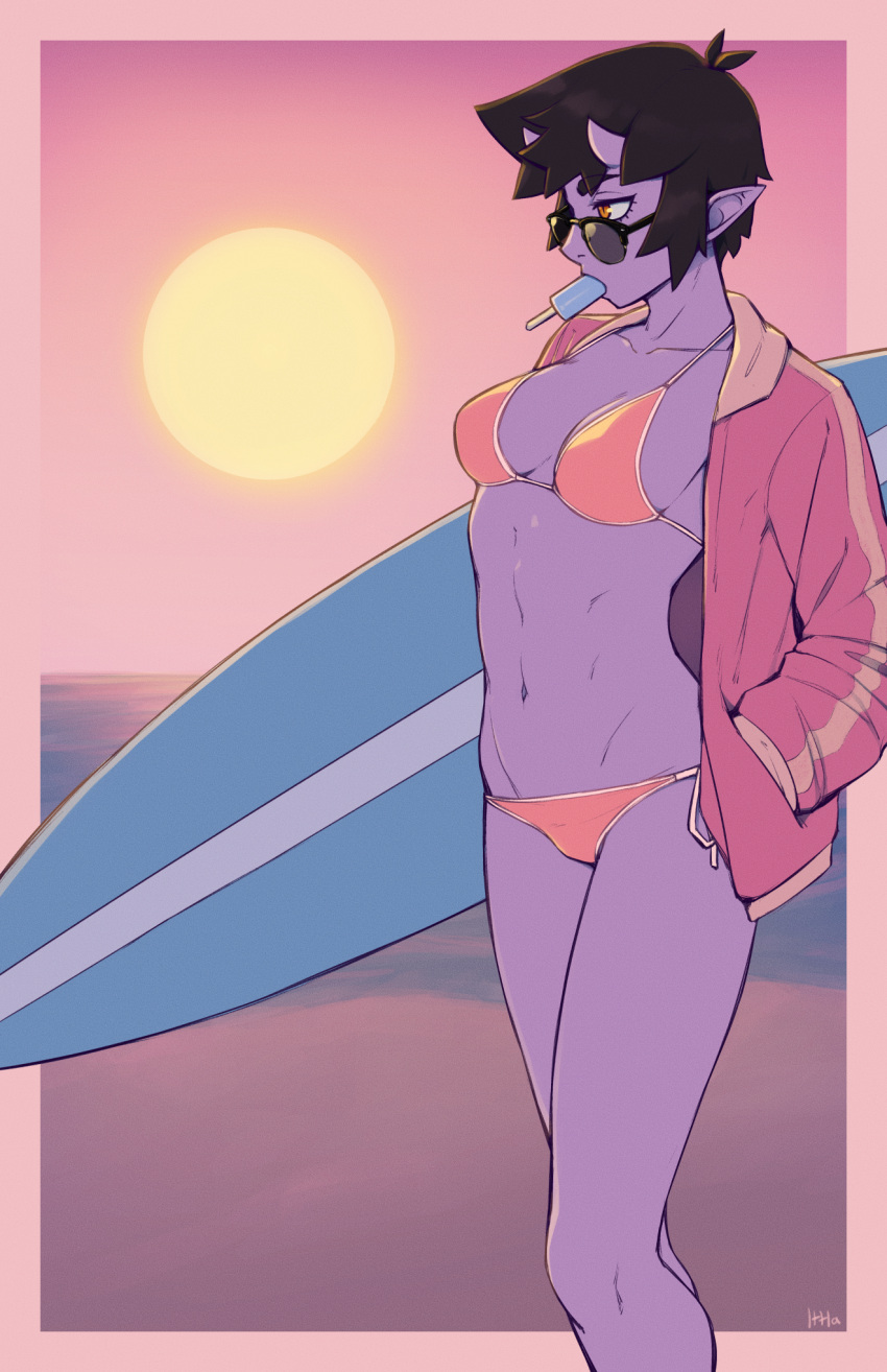 1girl, artist_name, bikini, black_hair, breasts, collarbone, food, food_in_mouth, hand_in_pocket, highres, horns, ittla, jacket, looking_away, medium_breasts, mouth_hold, navel, oni_horns, orange_bikini, orange_eyes, original, pointy_ears, popsicle, profile, purple_skin, short_hair, side-tie_bikini, slit_pupils, solo, stomach, sun, sunglasses, surfboard, swimsuit, thick_eyebrows, ume_(ittla)